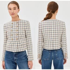 Veronica Beard Bentley Tweed Crop Jacket Check Blazer Ivory Brown Multi Size 4